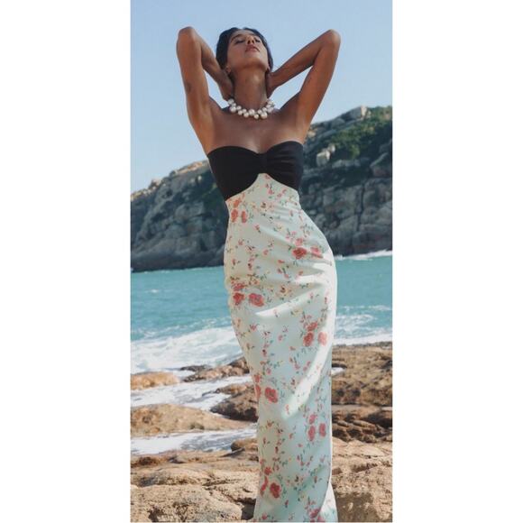 Sau Lee Mona Strapless Floral Bow Detail Column Maxi Dress in Mint Multi Sz 0 - Picture 3 of 9